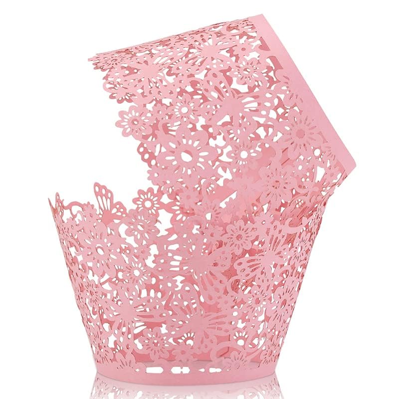 Pink Cupcake Wrappers 50Pcs Lace Laser Cut Cake Paper Wraps for Wedding Party