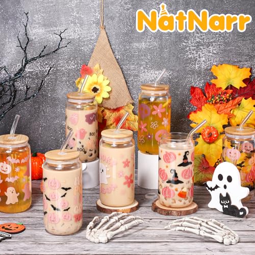 Halloween Pink Ghost Glass Cups Set - 8 Pcs, 16oz, Spooky Ghost Theme, Gift Idea