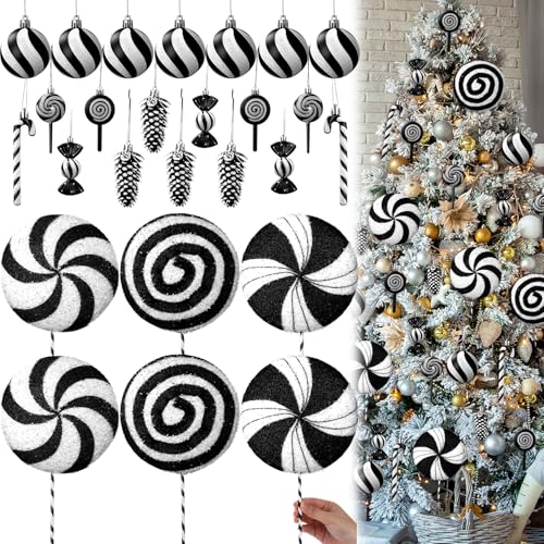 Large Candy Christmas Decorations Set - Black & White Lollipops & Ornaments