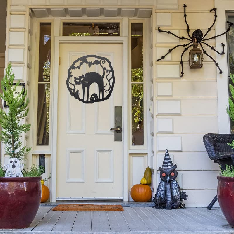 Halloween Cat Wreath Metal Door Sign - Black & Orange Fall Front Door Decor - 22 Inch - Reversible, Weather-Resistant, Handmade Halloween Wall Art - Made in USA