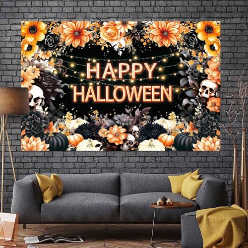 Halloween Photo Backdrop 8x6ft Black Orange Floral Skull Banner - Spooky Party Decor, Indoor Outdoor Photography Prop Variation: Black Orange, Halloween / 8x6ft
