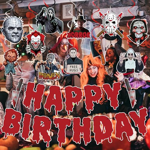 Halloween Horror Birthday Decorations Set with Banner & Hanging Swirls