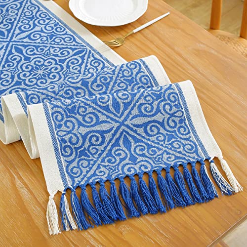 Royal Blue Floral Boho Table Runner 13 x 48 Inches - Handmade Rustic Decor