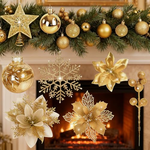 Gold 76-Piece Christmas Tree Decorations Set Holiday Ornaments & Poinsettia Flowers