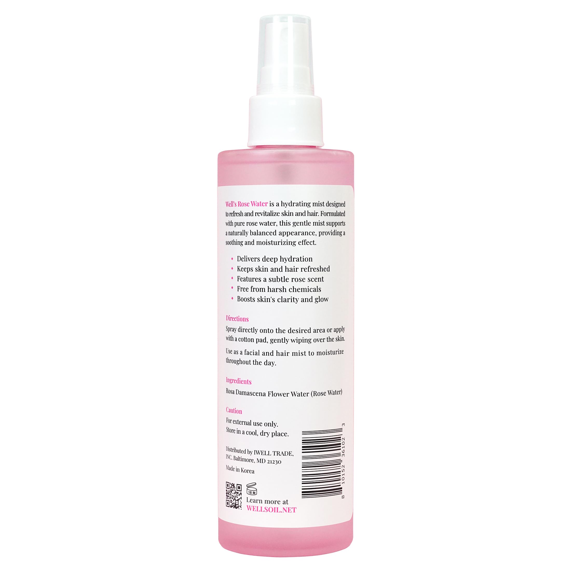 Well's Oil Rosewater Face & Hair Mist Spray (8 fl oz / 236 mL) | Floral Rosewater Hydrosol | Alcohol-Free