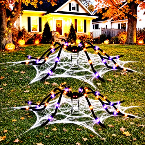 2 Pack 8-Mode Light-Up Halloween Giant Spiders - Purple & Orange LED, 5 Ft Outdoor Decor