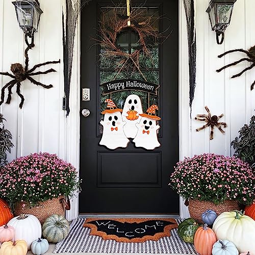 Halloween Ghost Door Sign Set - Three Wooden Ghosts Halloween Decorations for Front Door Wreath Indoor Outdoor - 14.5x12.6in