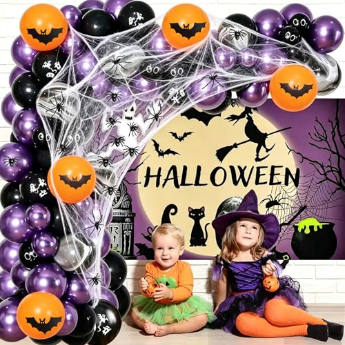 Halloween Balloon Garland Kit with Spiders Web and Spooky Balloons for Party Decorations