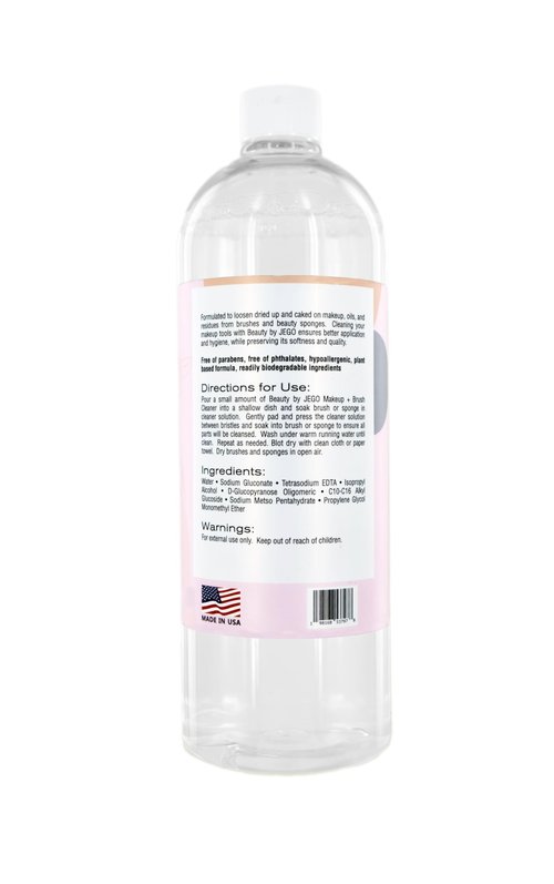 JEGO Makeup Brush + Sponge Cleaner Solution - Ideal for Removing Makeup, Dirt, & Oil - Make Up Brush Cleanser - Hypoallergenic & Plant-Based Solution - 32 Oz