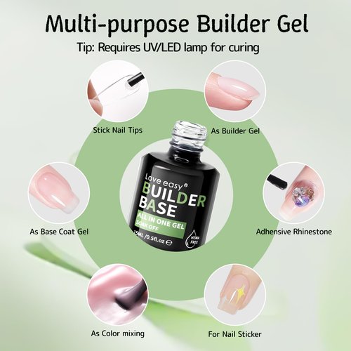 Love easy 6-in-1 Builder Gel for Nails, Brush on Crystal Clear Base Coat Soft Gel Polish Strengthening Building Apex Extension Thickening Enhancement for Home DIY Beginner Salon Manicure(U V Curing)