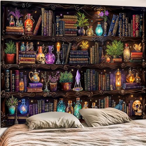 Witch Bookshelf Tapestry Wall Hanging - 80x60 Rust Brown Decorative Wall Art