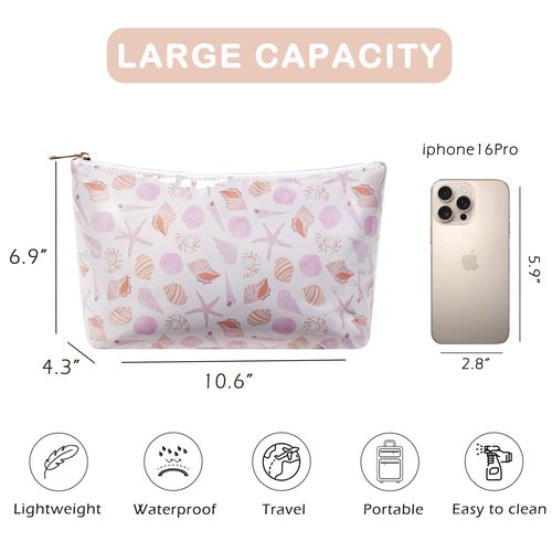 uekeboag Large Waterproof PVC Beach Pool Makeup Bag with Shell Pattern, Cute Cosmetic Accessories Pouch with Zipper, Coquette Carry-on Travel Toiletry Bag for Women Girls(07Shell)