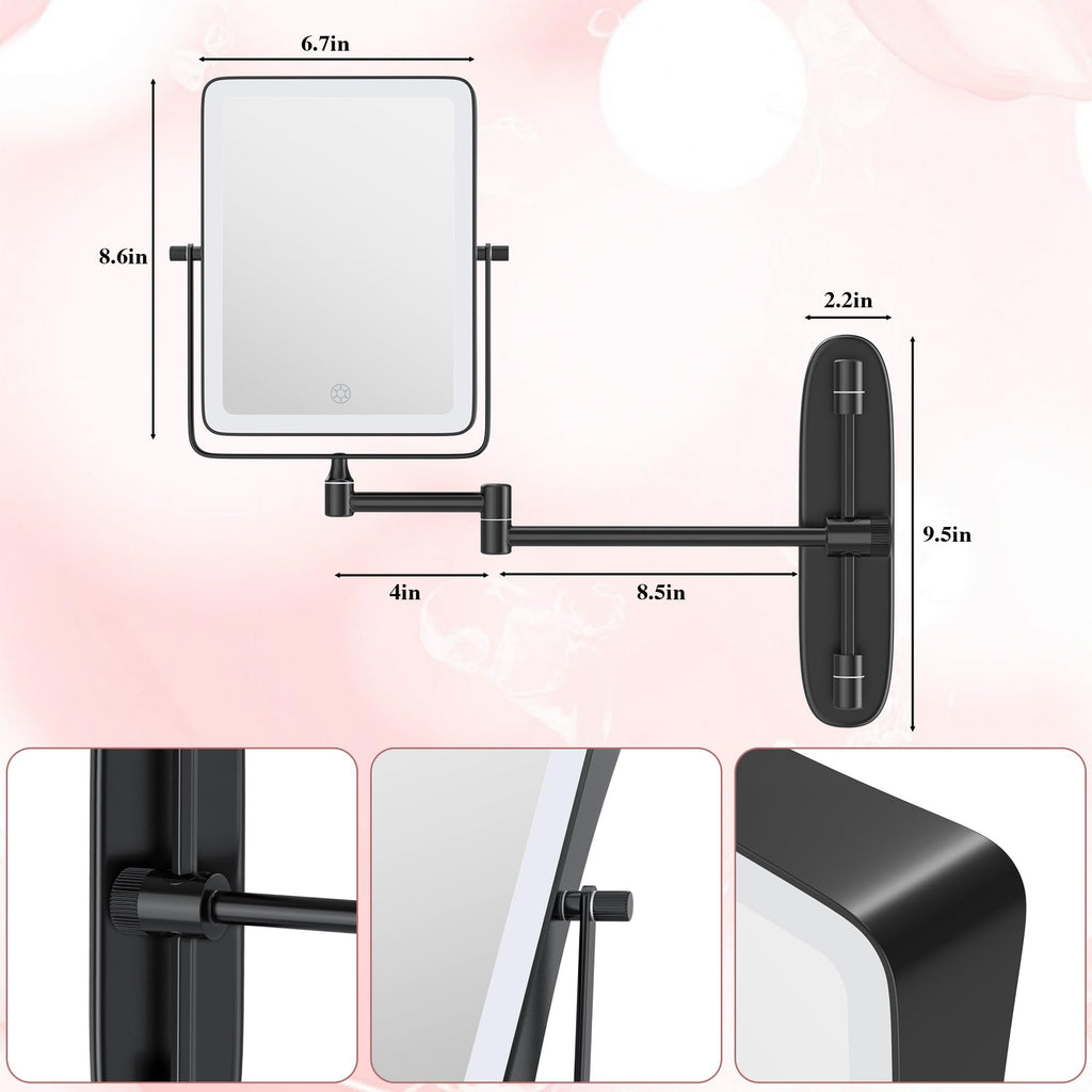 Wall Mounted Lighted Makeup Mirror, Rectangle Double Sided 1X/10X Magnifying Bathroom Height Adjustable Mirror, 6000mAh Rechargeable 3 Color and Dimmable Lights, 360 Rotation Shaving Vanity Mirror
