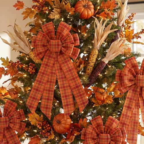 Large Fall Wreath Bow - 20 Inch Orange Plaid Burlap for Front Door & Holiday Decor