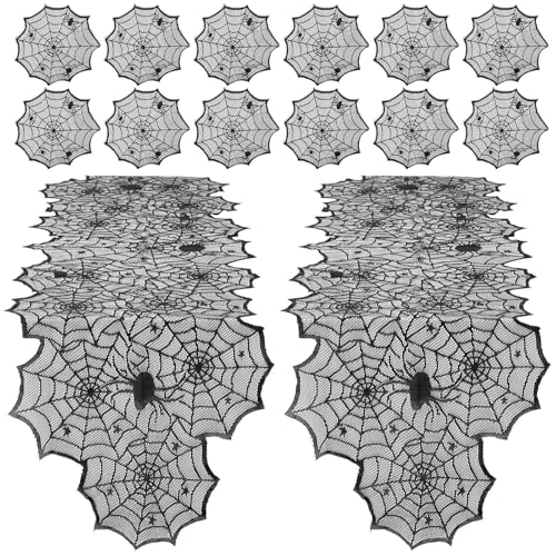 Halloween Spider Web Table Runner & Placemat Set - Black Lace Decor
