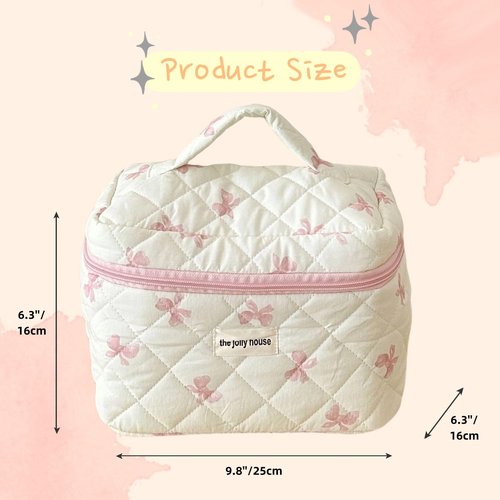 BILIPOPX Cute Makeup Bag Cotton Quilted Cosmetic Bag Floral Aesthetic Toiletry Bag Kawaii Puffy Coquette Travel Organizer Pouch Purse for Women (02Pink Bow)