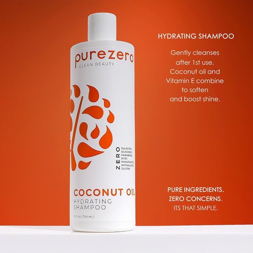 PureZero Coconut Oil Shampoo & Conditioner Set - Vegan, Hydrating Formula for Dry or Color-Treated Hair | 2 × 12 oz
