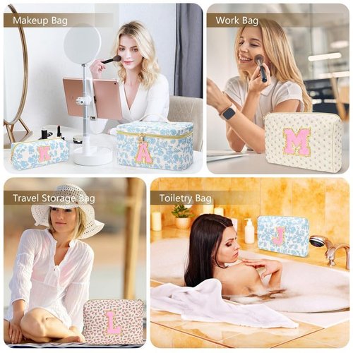 3 PCS Travel Makeup Bag Set, A–Z Initials Cotton Quilted Cosmetic Bag for Women & Preppy, Personalized Toiletry Bag Travel Accessories Makeup Brushes Organizer, Valentine’s Day & Birthday Gift for Her