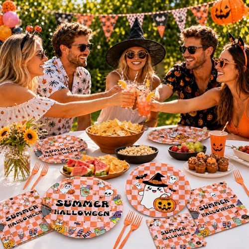 96PCS Summer Halloween Hippie Party Supplies Set Plates Napkins Cutlery for 24 Guests