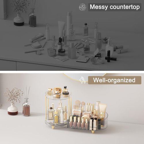 Lulltou Makeup Organizer Countertop for Vanity, Rotating Skincare Organizers and Storage, 2-in-1 Cosmetic Organizer Display Case with Makeup Holder Perfume Tray for Desk Counter Bathroom Dresser