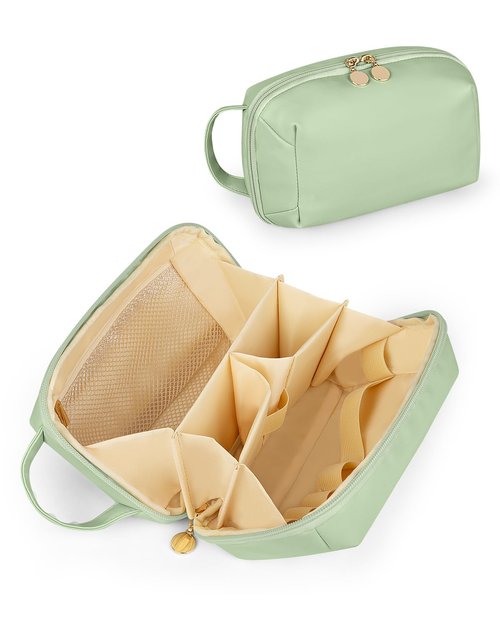 Soimeat Travel Makeup Bag Gift for Women, Soft PU Leather Cosmetic Bags, Waterproof Toiletry Bag, Portable Wide Open Pouch, Travel Cosmetic Bag with Divider and Handle, Medium, Green