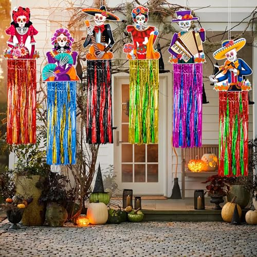 Day of the Dead Hanging Decorations - 6 Pieces, Colorful Skull & Tassel Set