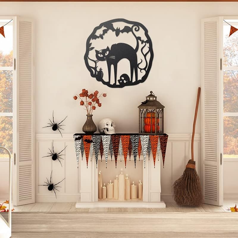 Halloween Cat Wreath Metal Door Sign - Black & Orange Fall Front Door Decor - 22 Inch - Reversible, Weather-Resistant, Handmade Halloween Wall Art - Made in USA