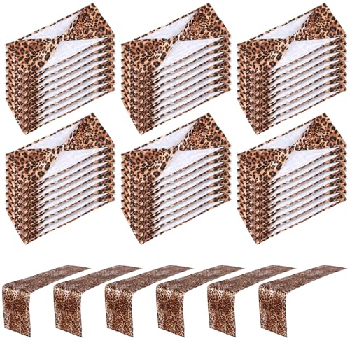 Leopard Print Chair Sash Set with 6 Table Runners - Brown Elastic Band & 14x108 Inch Decor