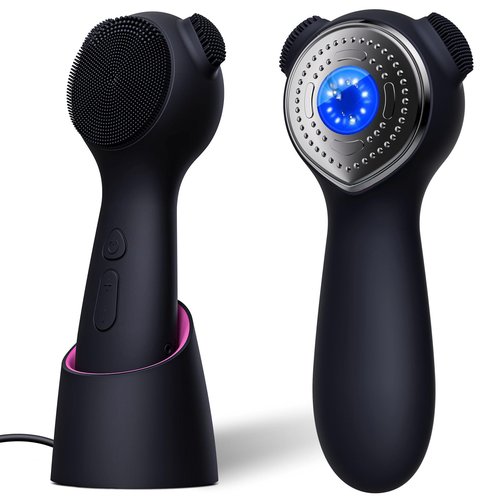 Silicone Face Scrubber Exfoliator Electric for Men Women, Rechargeable Facial Cleansing Brush with Wireless Charging Dock, Waterproof Sonic Vibrating Face Scrub Brush Cleanser for Exfoliating, Black