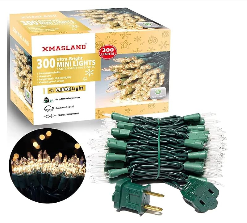 Ultra-Bright Connectable Christmas String Lights 300 LED 63.8ft Green Wire - Indoor Outdoor Holiday Decor - Variation of 150 Lights Pair