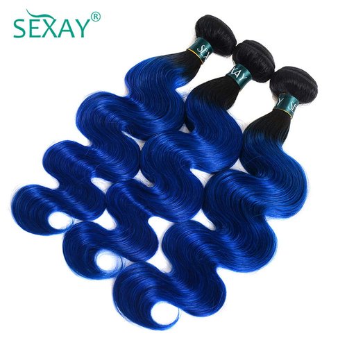 SEXAYHAIR Bule Bundles 16Inch Brazilian 100% Human Hair 1b/Blue 1 Bundle Body Wave, 2 Tone Blue Ombre Virgin Hair 1Bundles Human Hair for Women(16inch blue)
