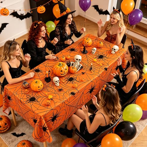 Halloween Spiderweb Tablecloths Set - Orange, 2 Pack Rectangular Plastic Coverings