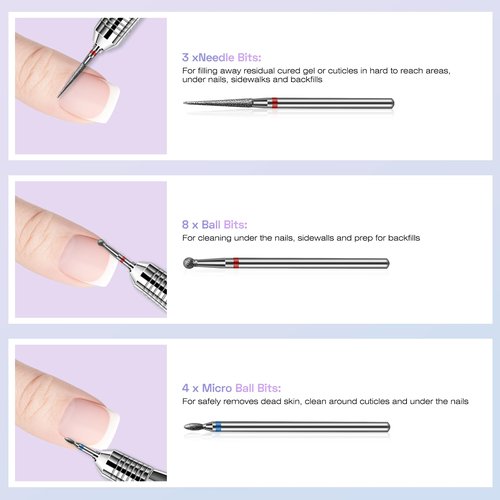 30PCS Cuticle Nail Drill Bits Set: 3/32'' Nail Bits for Acrylic Gel Nail Prep Contain Flame/Ball/Needle/Safety Shape Heads, Remover Tools Efile Bits for Salon Home Manicure Pedicure Nail Tech