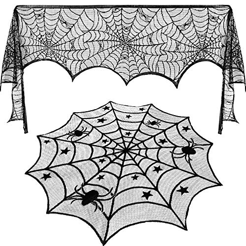 Halloween Spiderweb Lace Tablecloth with Black Spider, 17.7 x 98.4 Inch - Mantle & Window Decor