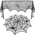 Halloween Spiderweb Lace Tablecloth with Black Spider, 17.7 x 98.4 Inch - Mantle & Window Decor