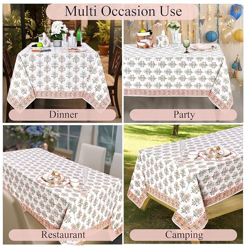 Ridhi Mughal Buta Peach Hand Block Print Cotton Tablecloth 90x60 Inch - Rectangular