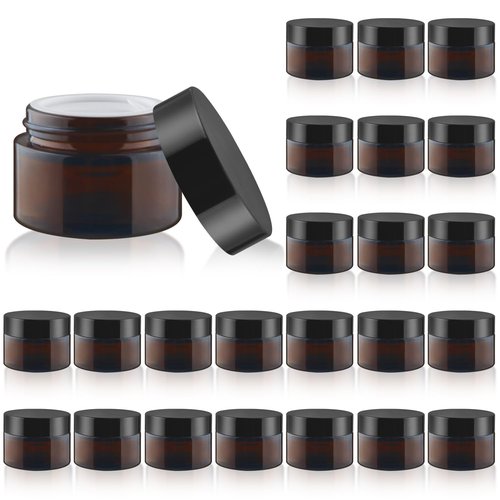 24 Pcs Amber Glass Jars Round Small Glass Jars Empty Refillable Cosmetic Containers with Inner Liners & Black Lids for Make Up Sample Powder Cream Lotion Spice - 30g/1oz