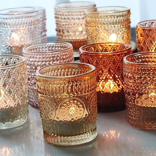 Multicolor 12 pcs Glass Votive Candle Holders Set with 6 Fall Colors & 3 Patterns
