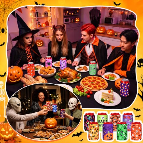 Halloween Can Cooler Sleeves Set - 24 Spooky Insulated Drink Insulators with 12 Patterns