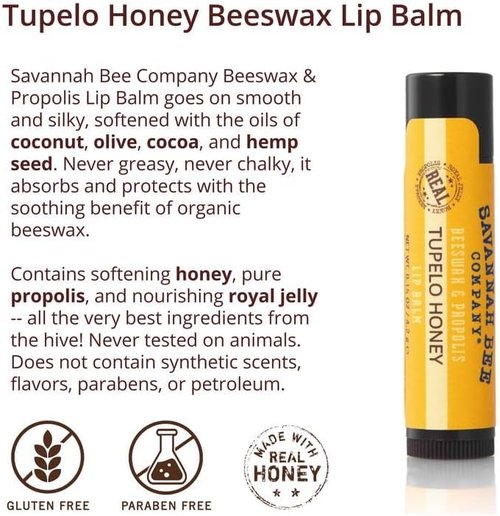 Savannah Bee Company Beeswax Lip Balm - Natural Tupelo Honey, 0.15 Ounce | Pack of 4