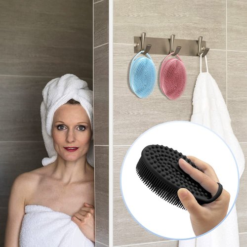 PQRUU 3 Pack Silicone Body Scrubber, Exfoliating Soft Loofah, Scrubber Fit for Sensitive and All Kinds of Skin, Clean Sanitary, Rapid Foaming Black+blue+pink