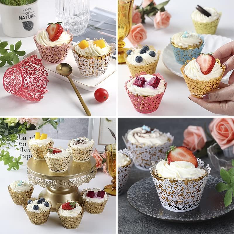 Pink Cupcake Wrappers 50Pcs Lace Laser Cut Cake Paper Wraps for Wedding Party