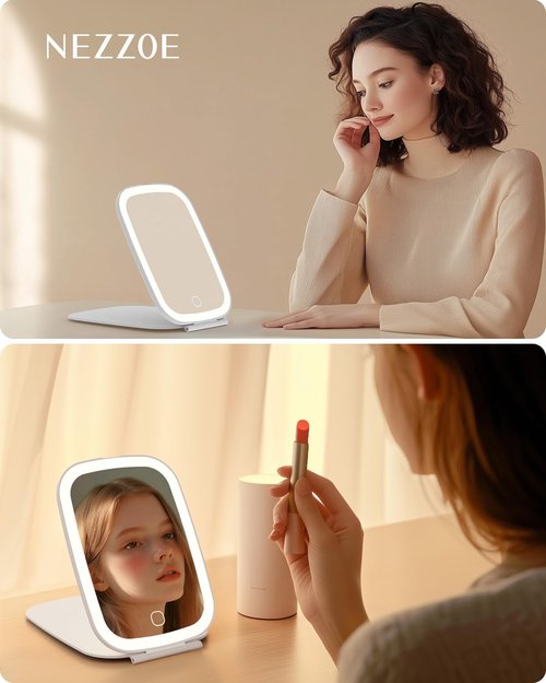 NEZZOE Travel Mirror with LED Light, Rechargeable Portable Lighted Makeup Mirror, 3 Lighting Modes Dimmable Touch Control, Foldable Compact Vanity Mirror for Travel Tabletop, 7x5 Inch
