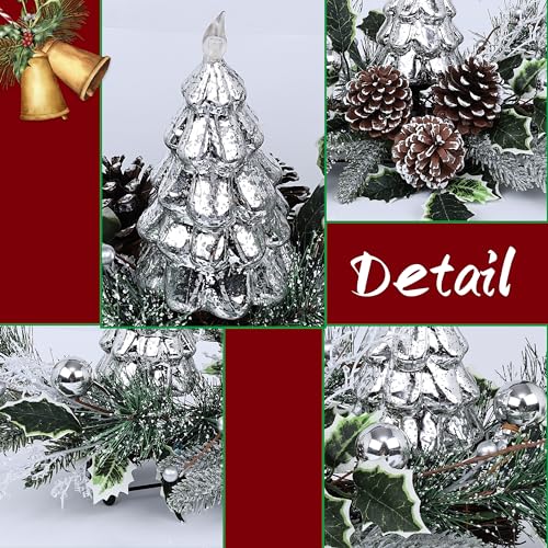 Silver Christmas Tree & Pine Cone Table Centerpiece with LED Lights - Holiday Decor