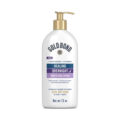 Gold Bond Healing Overnight Body & Face Lotion for Dry Skin, Nongreasy Moisturizer with Hyaluronic Acid, Aloe & Melatonin Works While You Sleep, 13 oz.