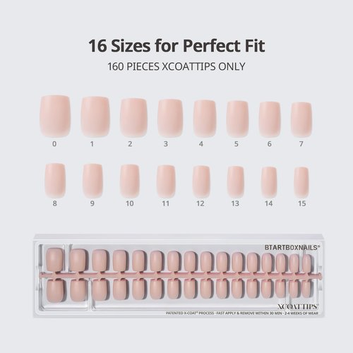 BTArtboxnails XCOATTIPS Bare 5-Shades Nude Press on Nails - Short Square Press on Nails, 4-Week Wear, Easy Apply, Soak Off, Salon Quality Value at Home, 16 Sizes - 160 Fake Nails