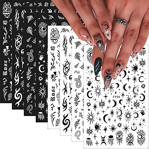 Gothic Nail Art Stickers Decals - Black & White Star Moon Flower Snake Design - Eye-2