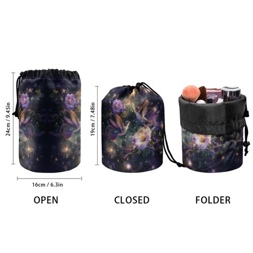 Poceacles Hummingbird Flower Violet Cosmetic Bag for Women, Portable Drawstring Makeup Bag Collapsible Toiletry Barrel Bag Organizer Cosmetic Storage Pocket