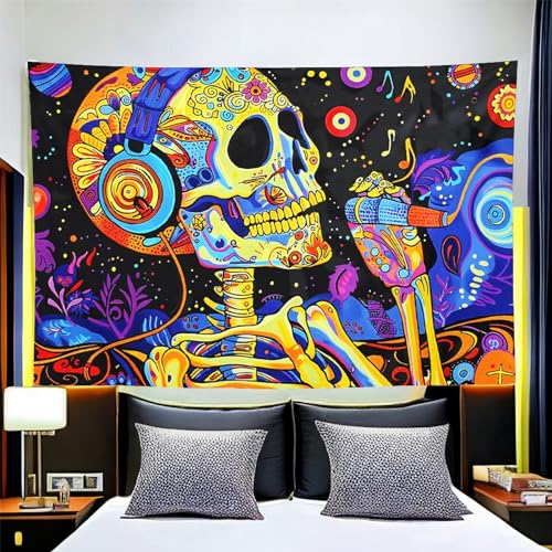 Blacklight Skull Tapestry - Space Skull Music Notes Fluorescent Wall Hanging - 90x60 Inch - Skeleton Variation 11