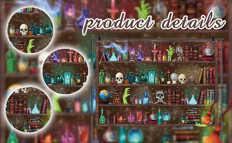 Halloween Magic Potion Shelf Backdrop 8x6FT Spooky Witch Skull Photo Booth Decor